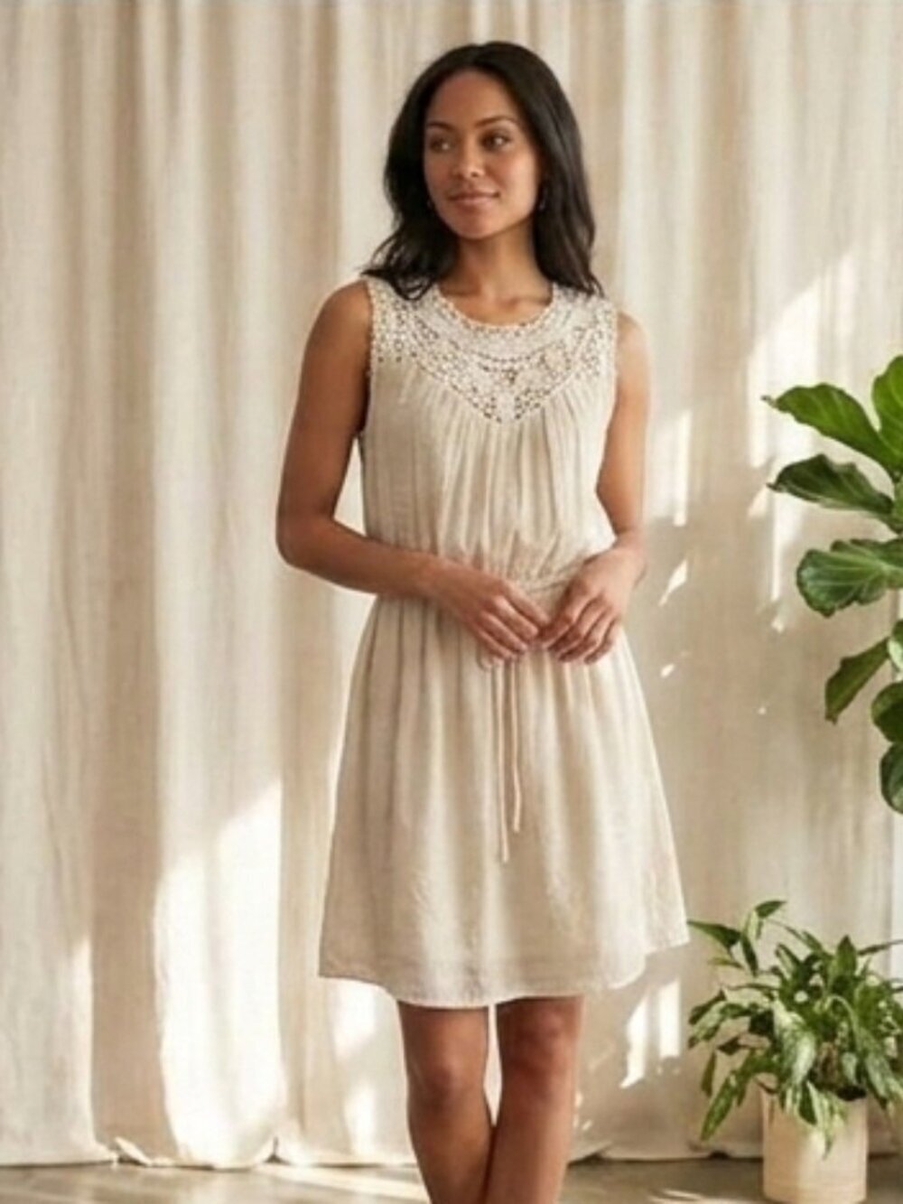 Ooh La La Women's S Oatmeal Sleeveless Crochet Lace Embroidered Tie Waist Dress
